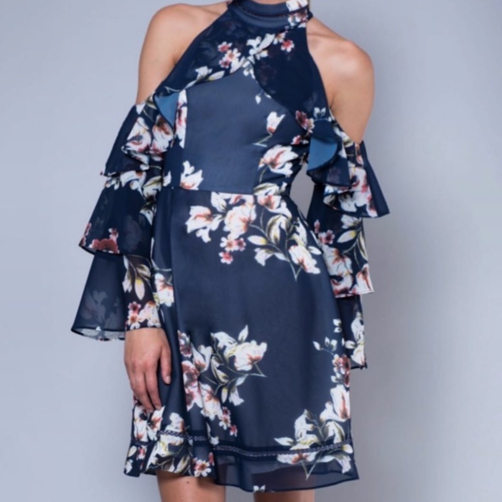 Bariano Navy Satin Floral High Cocktail Dress